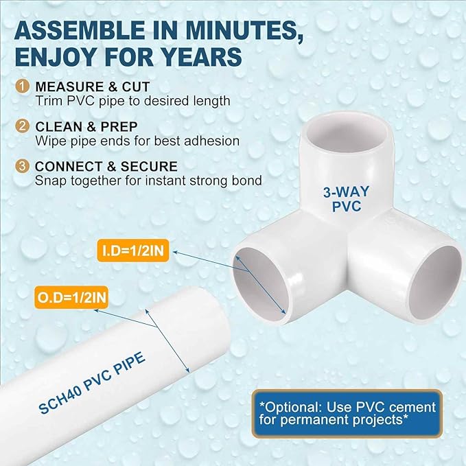 24 Pack 1/2" SCH40 PVC Elbow Pipe Fitting, 3-Way PVC Elbow Corner Side Outlet Tee Fitting, Furniture Grade Pipe Connectors for DIY Project, Pond Protection, Socket x Socket, White