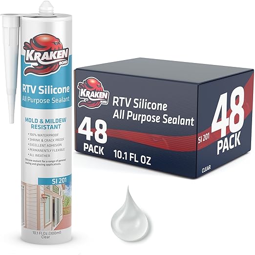Kraken Bond RTV Silicone Caulk Clear - (48x10.1 fl.oz.) 100% Silicone Sealant Waterproof, Flexible Kitchen Sink Sealant, Caulking Sealant for Window and Door, 48 Pack