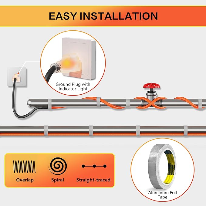 Heat Tape Water Pipes for Pipe Freeze Protection, Pipe Heating Cable, Anti-Freeze Pipe Heating Trace System 9FT Orange