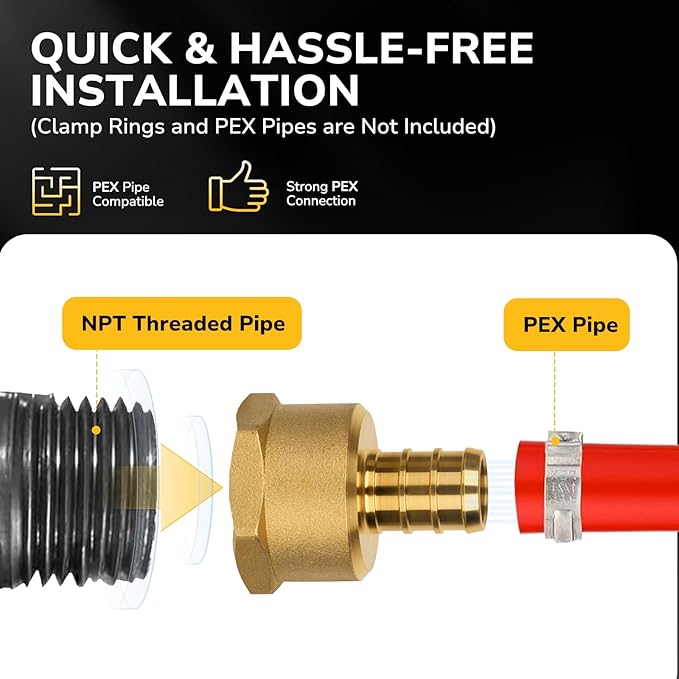 12 Pack Pex Fittings, 1/2" Female NPT to 1/2" Pex Male Adapter, Heavy-Duty Brass Crimp Fittings for PEX Pipes with Leak-Resistant Construction, NSF & UPC Certified