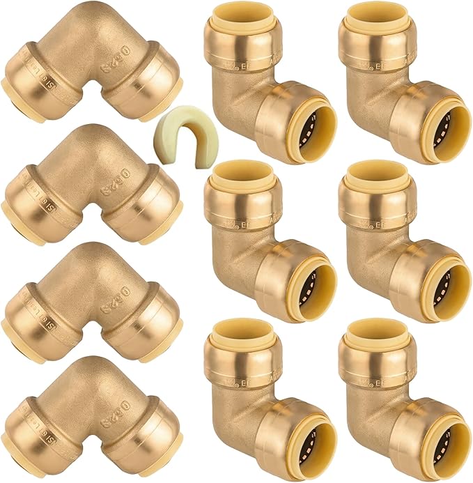 10-Pack HeSun Pushfit 90 Degree Elbow, 1/2"x1/2" Push to Connect Plumbing Fittings with Disconnect Clip, Brass Push-fit Fittings for PEX, Copper, CPVC, PE-RT Pipes(PF045)