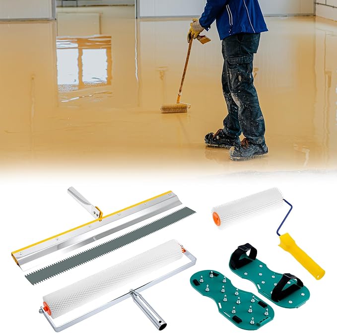 QWORK Self-Levelling Cement Tool Kit, Floor Construction Roller Spike Shoes, Epoxy Floor Paint Tool, Stainless Steel Scraper Self-Leveling Rake