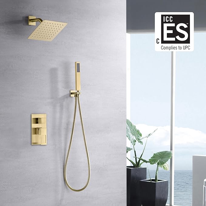 sumerain Rain Shower System Brushed Brass Dual Functions Shower Faucet Complete Set Including 8" Shower Head, Rough-In Valve Body and Trim