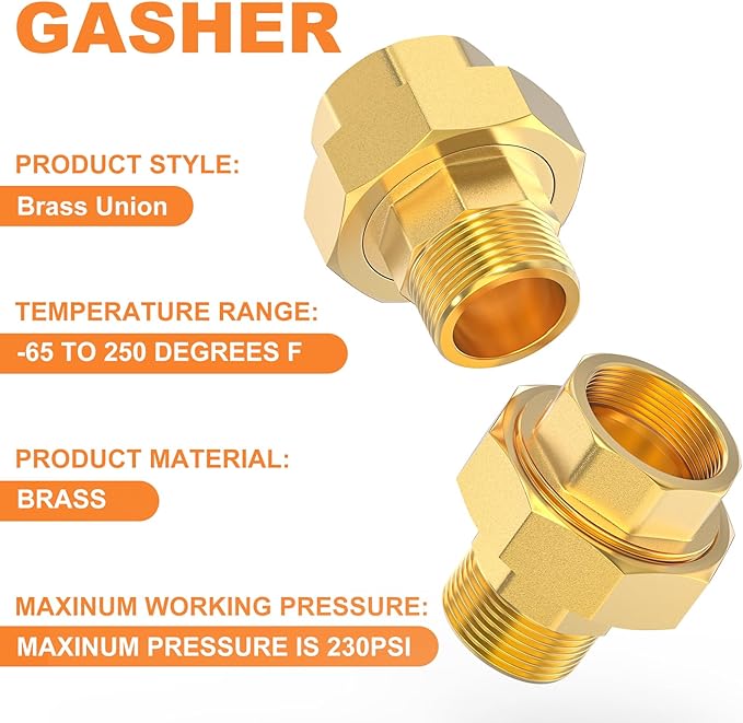 GASHER 2PCS Brass Union，1" NPT Male x 1" NPT Female Pipe Fitting