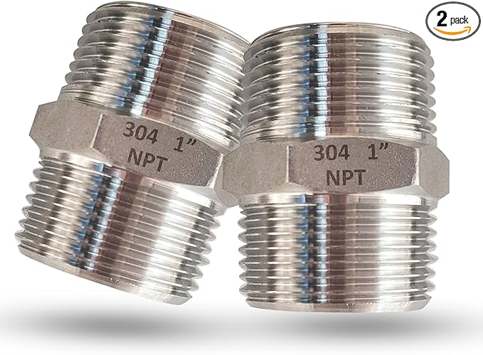 2pcs 1" Male to 1" Male Pipe Hex Nipple, 304 Stainless Steel 1 inch NPT Threaded Short Equal Nipple Connector, Heavy Duty Straight Pipe Fitting Adapter (1",2pcs)