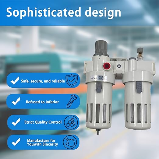 XingNEeng 1/2" NPT Compressed Air Filter Regulator Lubricator (FRL) Unit, Double Water/Oil Trap Separator, Gauge(0-150 psi), Semi-Auto Drain Air Compressor Water Separator, Poly Bowl, Metal Bracket