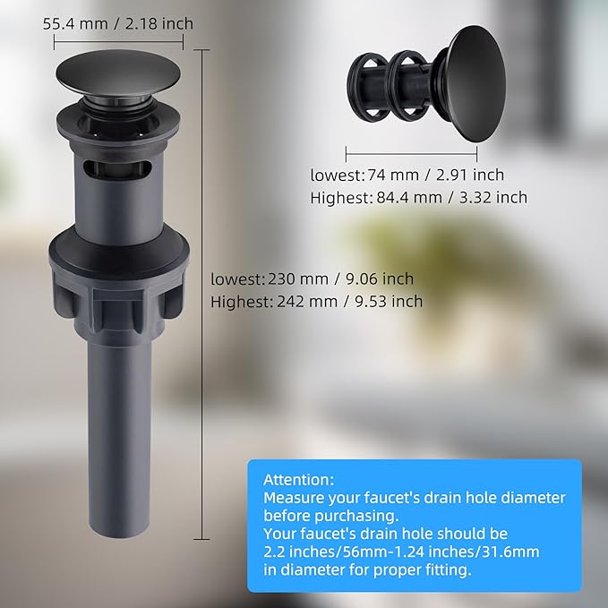 Hibbent 2 Pack Universal Bathroom Sink Drain Stopper, Pop Up Drain Strainer with Overflow, Push and Seal Sink Plug with Basket for Lavatory Vanity Vessel, Anti-Clogging Strainer, Matte Black