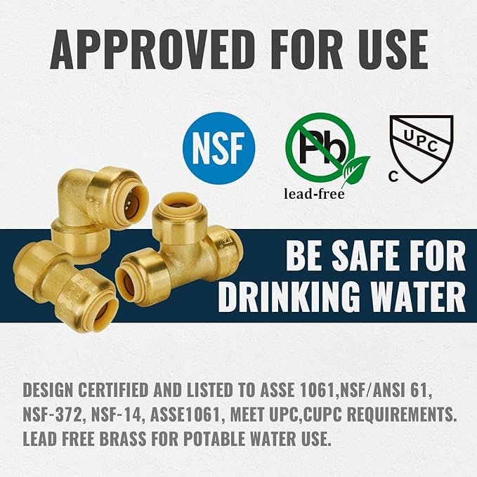 SUNGATOR Pushfit Plumbing Fitting Bundle, 5 Each 1/2 Inch Coupling, Elbow, Tee, 3 Each 3/4 Inch Coupling, Elbow, Tee, No Lead Brass Push to Connect Pex,Copper,CPVC, with 2 Disconnect Clips, Pack of 24