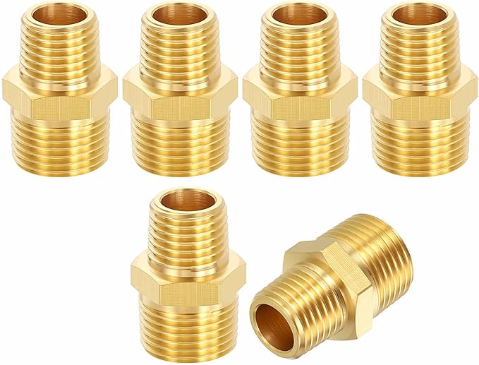 1 Pack Brass Pipe Fittings, 3/8" NPT Male to 1/4" NPT Male Brass Hex Nipple, Male Pipe Adapter Reducer for Air, Oil, LP