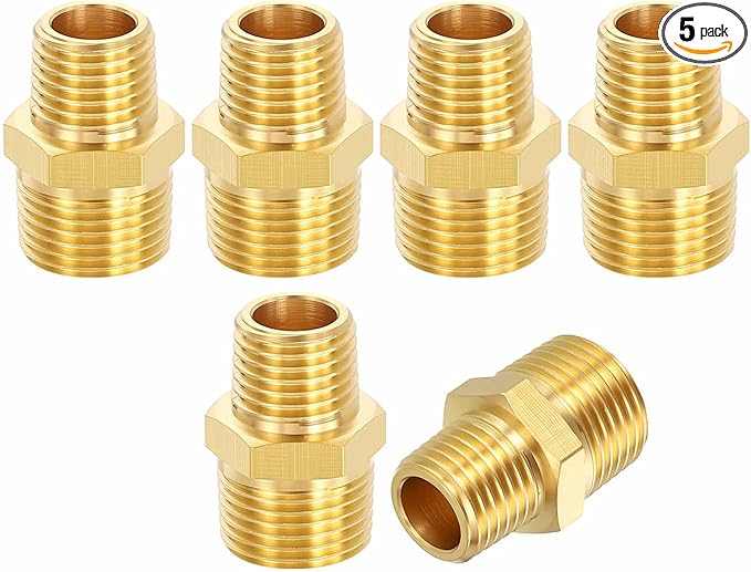 5 Pack Brass Pipe Fittings, 3/8" NPT Male to 1/4" NPT Male Brass Hex Nipple, Male Pipe Adapter Reducer for Air, Oil, LP