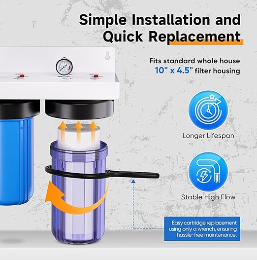 PUREPLUS 2-Stage Whole House Water Filtration System, Reduces Chlorine, Odor, Heavy Metals & Rust, with Pressure Gauges, 10" x 4.5" Clear Housing, 1" Inlet/Outlet, PP Sediment & KDF Carbon Filters