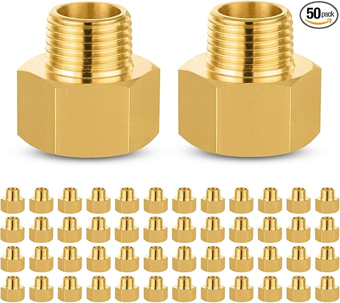 50 PACK GUOFIS Brass Pipe Fittings - 3/8" Male NPT x 1/2" Female NPT Reducing Adapter to Alter Pipe Diameters(NPT039-50Pack)