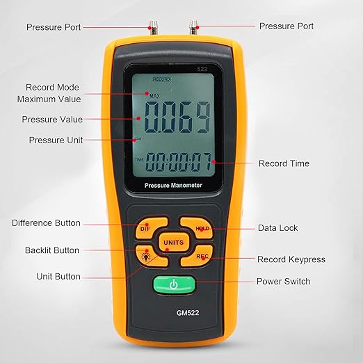 Digital Differential Pressure Manometer Air Pressure Meter with USB Interface for HVAC Fans Blowers Filter Resistance Measurement