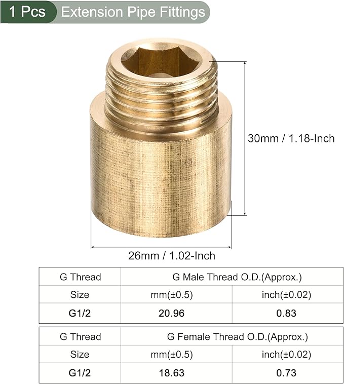 YOKIVE Extension Pipe Fitting, G1/2 Female to G1/2 Male Thread Reducer Adapter Connector, Great for Bathroom Pipe Device, Water Pipe (Golden, 20-mm)