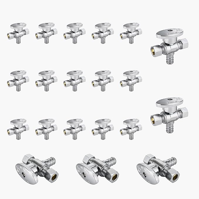 20-Pack GUOFIS PEX Angle Stop Valve with Dual Compression Outlet,1/2" PEX Crimp Inlet x (3/8" x 3/8") Outlet Shut-off Valves(1/4 Turn,Chrome)(VALVE125-20Pack)