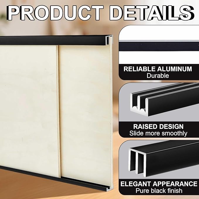Landical 2 Set 4 Ft Long Metal Sliding Door Track Set for 1/8" Thick Panels Glass Cabinet Door Hardware System Window Sliding Track Quick Easy Installation (Black)