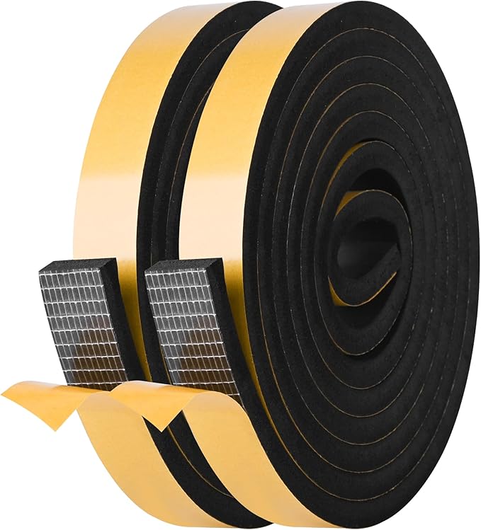 Kikerike Self Adhesive Foam Tape Weatherstrip 1in x 3/8in x 33Ft High Density Foam Insulation Strips Foam Seal Weather Stripping with Strong Adhesive for Door and Window Sound Isolation Soundproofing
