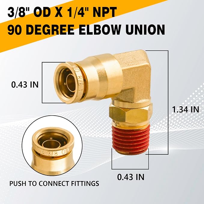3/8" 90 Degree Elbow Union Brass DOT Push to Connect Air Line Fittings, 3/8" OD Tube x1/4" NPT Air Brake Line Quick Fitting Connectors for Truck Trailers or Industry Air System(5PCS)