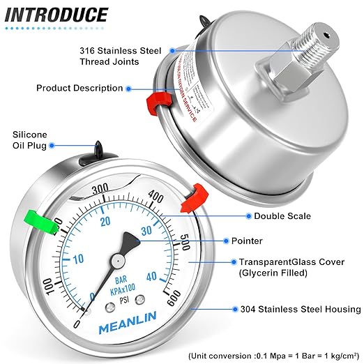 MEANLIN MEASURE 0~600Psi Stainless Steel Liquid Filled Pressure Gauge 2.5" FACE DIAL 1/4" NPT for WOG Water Oil Air Back Mount with Stainless Steel Hex Bushing and Snaps
