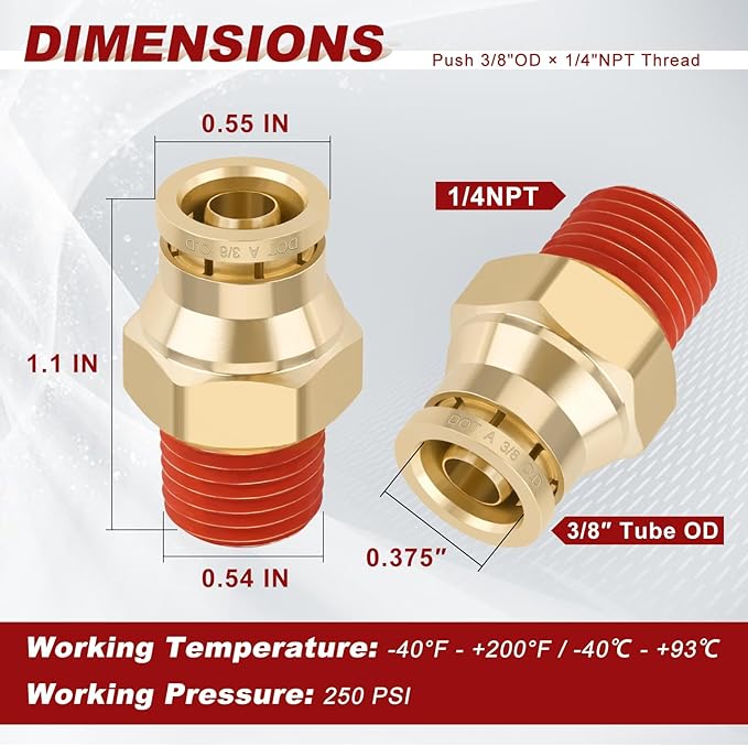 3/8" Quick Push to Connect Fittings Brass Union Straight Joint DOT Approved 3/8" Tube OD x 1/4" NPT Thread Air Line Adapter Air Suspension Kit for Truck Trailers and Air Brake System 10pcs