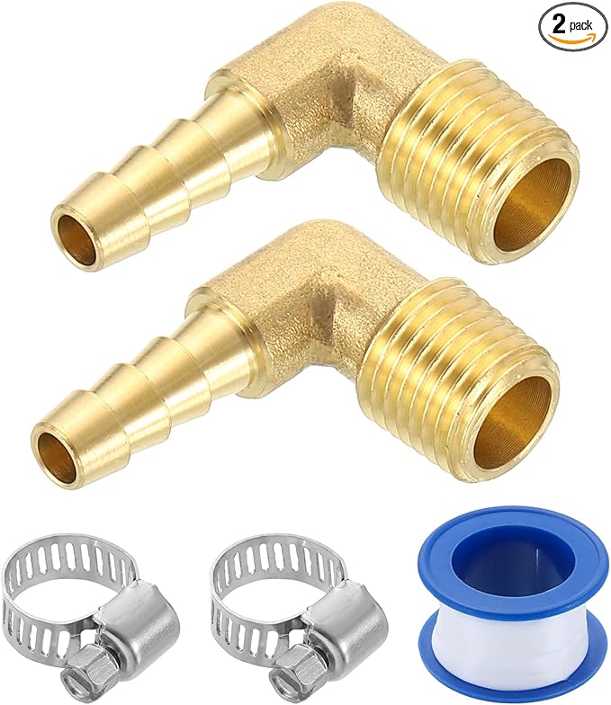 uxcell 2Pcs Brass Hose Barb Fittings, 1/4" x 1/4" NPT 90 Degree Elbow Hose Connector with Hose Clamps for Water Fuel Gas Oil Transportation