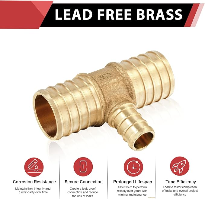 (Pack of 5) EFIELD 1" x1"x 1/2" Pex Reducing Tee Brass Barb Crimp Fittings For Pex Tubing Connection,(PEX1807086)