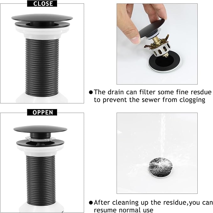 Bathroom Sink Drain,Drain Stopper Bathroom Sink Without Overflow,Pop Up Drain Assembly with Detachable Strainer Basket,Built-in Anti-Clogging, Stainless Steel Nut Mattle Black