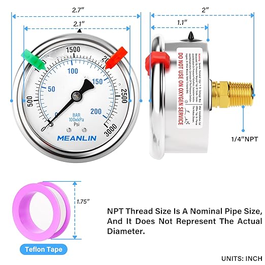 MEANLIN MEASURE 0~3000Psi Liquid Filled Pressure Gauge 1/4" NPT 2.5" FACE DIAL Stainless Steel Glycerin Filled WOG Water Oil Air Back Mount (with 2PCS Snaps)