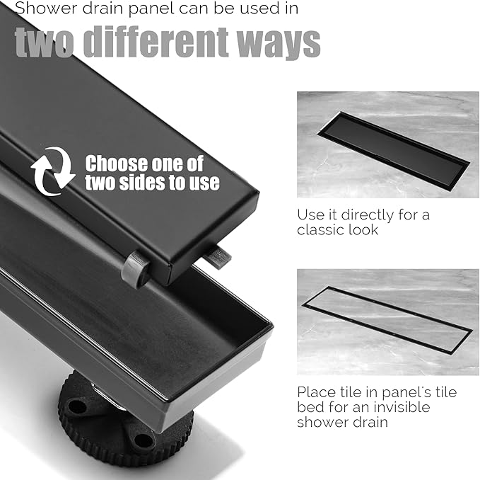 HEATGENE Linear Shower Drain 36-Inch, Stainless Steel Rectangle Shower Floor Drain with 2-in-1 Flat & Tile Insert Cover, Shower Drain with Leveling Feet & Hair Strainer, Matte Black