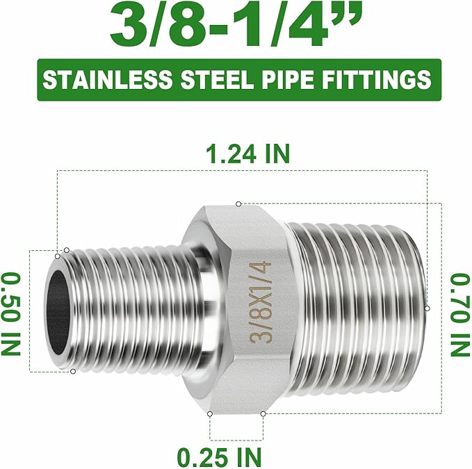 TAISHER 10PCS 304 Stainless Steel New Hex Nipple, 3/8" NPT Male x 1/4" NPT Male, Reducing Pipe Adapter Fitting