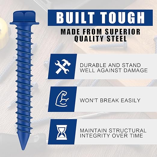 200 Qty 1/4" x 1-3/4" Hex Head Concrete Screws Anchor with Drill Bits Blue Slotted Hex Screws for Anchor Masonry, Block, Brick, Cement, Stucco, Diamond Point and Wood Fastening