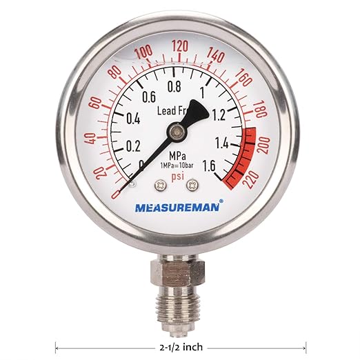 MEASUREMAN Lead-Free Glycerin Filled Reverse Osmosis Pressure Gauge, Purified Water Pressure Gauge, 2-1/2" Dial Size 1/4" Lower Mount, 0-220Psi/Mpa, with PU Tube Connection