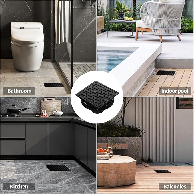 Shower Drain, Matte Black 6 inch Square Shower Floor Drain with Flange, Removeable Grid Panel SUS 304 Stainless Steel Square Shower Drain