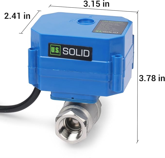U.S. Solid 1/2" NPT 2-Way Motorized Ball Valve with US Plug 110VAC 304 Stainless Steel Electrical Ball Valve, Auto Return, Normally Closed, IP65, NSF Certified