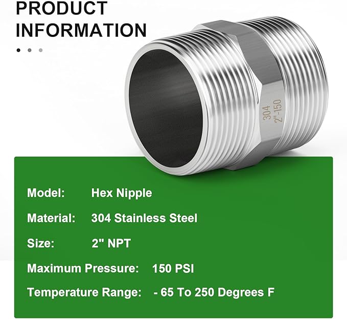 TAISHER 2PCS 304 Stainless Steel New Hex Nipple, 2" NPT Male x 2" NPT Male, Pipe Adapter Fitting