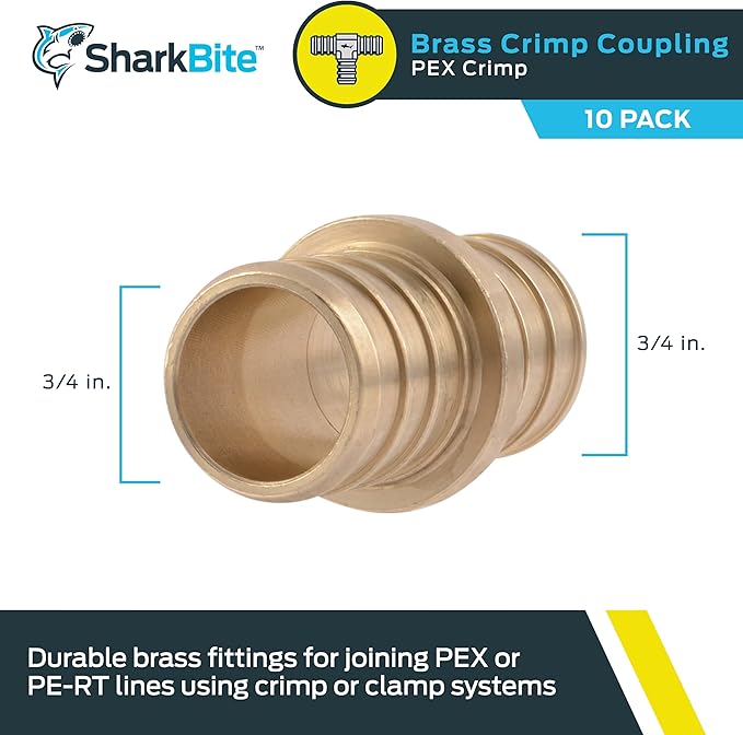 SharkBite 3/4 Inch Crimp Coupling, Pack of 10, Brass Plumbing Fitting, PEX Pipe, PE-RT, UC016LFA10