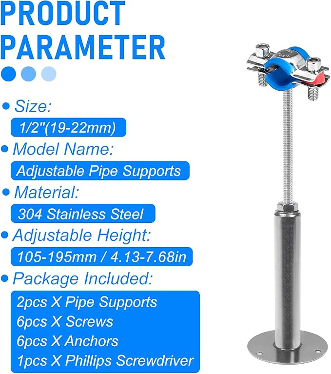 Kodilin 2PCS 304 Stainless Steel Wall Mount Ceiling Mount Pipe Supports,Suitable for OD Pipe 1/2"(19-22mm),Adjustable Height 100-200mm,Adjustable Pipe Strap Clamp with Screws
