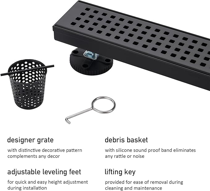 Linear Shower Floor Drain, Matte Black 12 Inch 304 Stainless Steel Bathroom Drains Kit, Long Rectangular Shower Trench Drain with Square Pattern Drain Cover & Hair Catcher