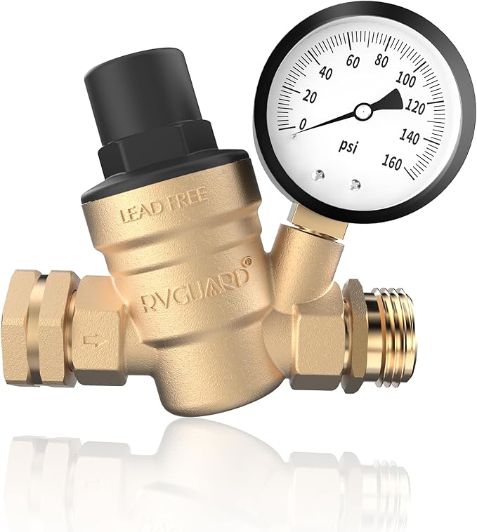 RVGUARD RV Water Pressure Regulator Valve, Brass Lead-Free Adjustable Water Pressure Reducer with Gauge and Inlet Screen Filter for RV Camper Travel Trailer