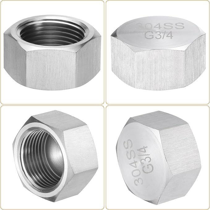 uxcell 2pcs Hex End Cap 304 Stainless Steel Nut with Washer, G3/4" Female Thread Pipe Fitting, Gas Line Water Line Stop Valve Cap Tubing Ends for Plumbing Fittings, Silver Tone
