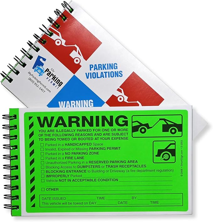 SmartSign Warning You are Illegally Parked Stickers | Book of 50 Labels with Liners, 5 x 8 inch, Tow Warning Parking Violation Sticker, Hard to Remove Write-On Tickets, Fluorescent Green