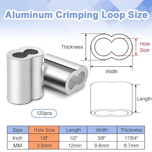 120Pcs 1/8"Cable Crimp Sleeves, Aluminum Wire Rope Crimping Loop Sleeve. Cable Ferrules for Cable and Wire Rope Crimp Double Barrel Crimp Sleeves (M3-1/8")