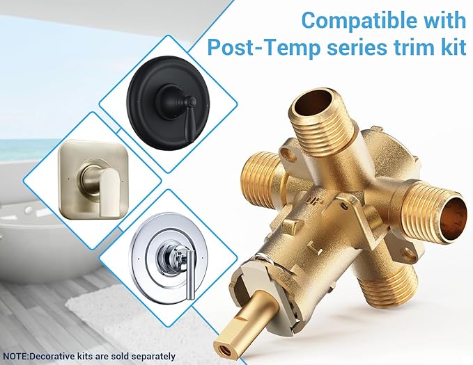 Enhanced 2510-WL Male Thread Compatible with Moen Posi temp Rough-In Mixing Valve with 1222 Pressure Balancing Cartridge,4-Port for Tub Shower Kit Plumbing,1/2 Inch IPS Connection,Heavy Duty Brass