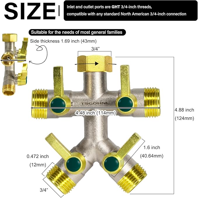 Heavy Duty Brass Garden Hose Splitter, Freeze and Sun Resistant Outdoor Faucet 4-Way Valve, Nickel Plated for Rust Resistance, 3/4” GHT (Gold)