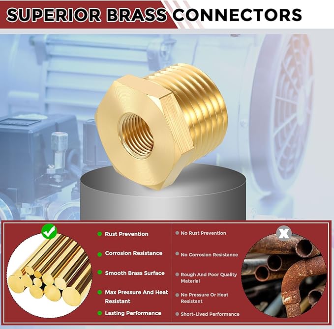 Pack of 5, 1/2" Male NPT to 1/8" FeMale NPT Solid Brass Hex Bushing, Hose Fittings Adapter Reducer Fit for Pipe Leak Repair, Bathroom Remodeling, Tool Extensions, Compression