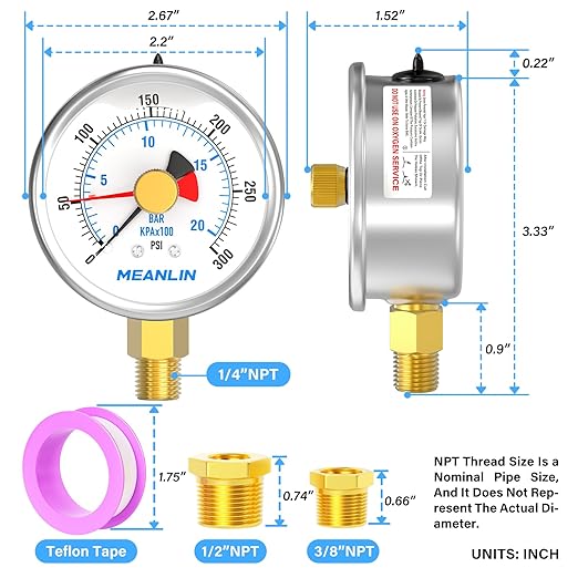 MEANLIN MEASURE 0~300Psi Stainless Steel 1/4" NPT 2.5" FACE DIAL with Reset Pointer Liquid Filled Pressure Gauge WOG Water Oil Air, Lower Mount, with 1/8" x 1/4" NPT and 1/8" x 3/8" NPT Hex Bushing