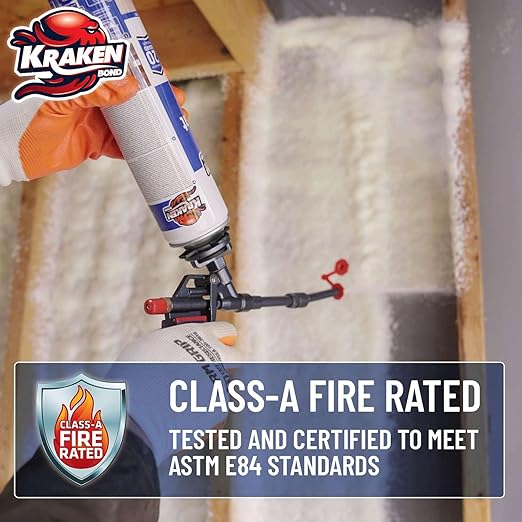 Kraken Bond Fastcoat Fire Rated Spray Foam Insulation (6x27.1 oz.) (R-Value 11.32 / 2in) Closed Cell Expanding Foam - Heat and Acoustic Insulation, Gun & Cleaner Includes, 120 Board Ft, 6 Pack