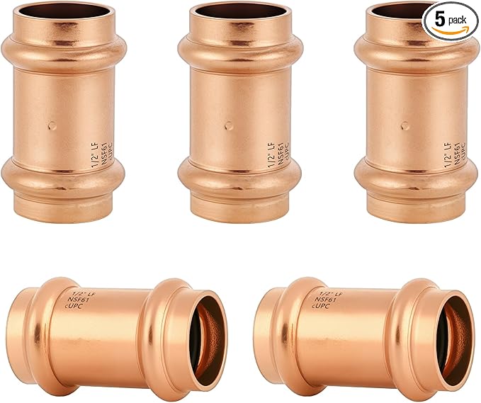 Copper Press Fittings 1/2 Inch Coupling with Stop, No-Lead Plumbing Pipe Connector | Compatible with Copper Pipes, Water Supply & Hydronic Heating Systems | Durable Press Fit Design,5-Pack