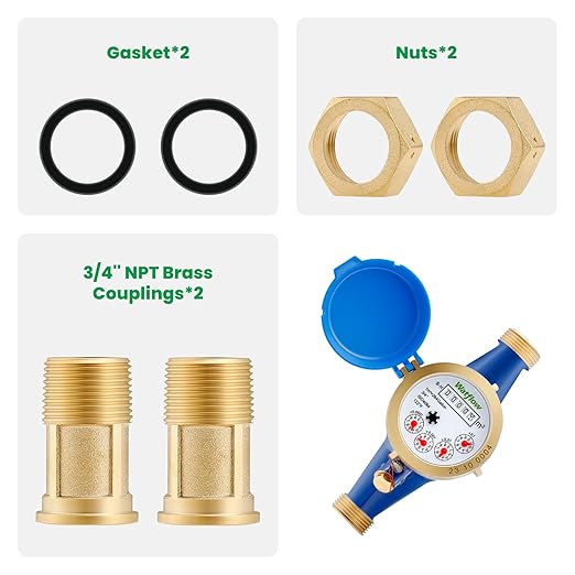 Watflow DN20 Water Meter 3/4" NPT, ISO4064 Certification Cubic Water Flow Meter, Cold Water Meter, for Garden or Home, Horizontal Install.