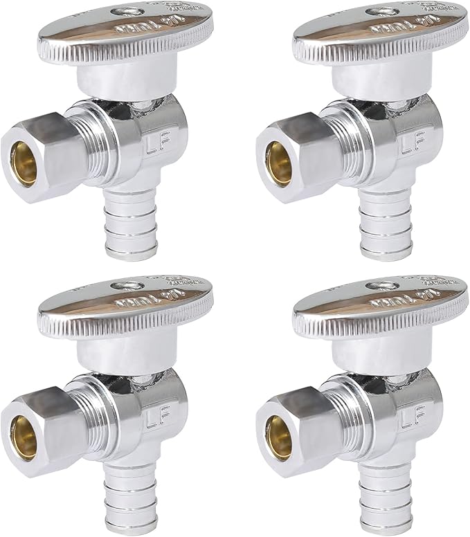 Angle Stop Valve,1/2 Inch Pex X 3/8 Inch OD Compression Angle Shut-off Valve with 1/4 Turn on/off (Pack of 4,ASTM F1807)(VALVE076-4Pack)